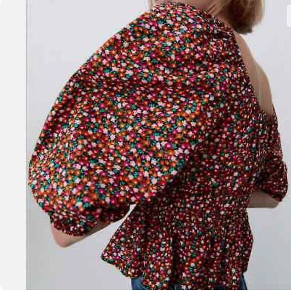ZARA cotton floral crop top blouse puff sleeves Sz L - Picture 2 of 10